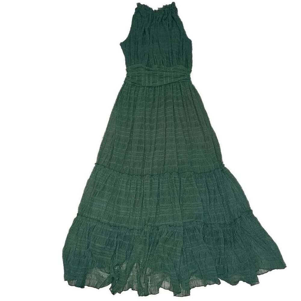 Max Studio London Green Textured Tiered Halter Maxi Dress with Tassel Tie Back